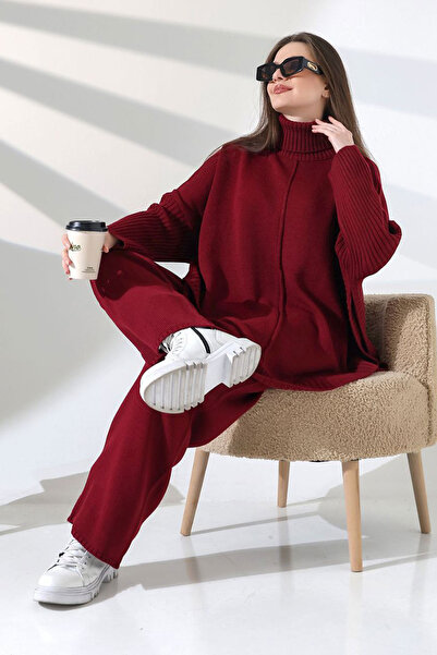 bacc Women's burgundy turtleneck oversized sweater and fitted pant set - knitwear top and bottom set bces-252033