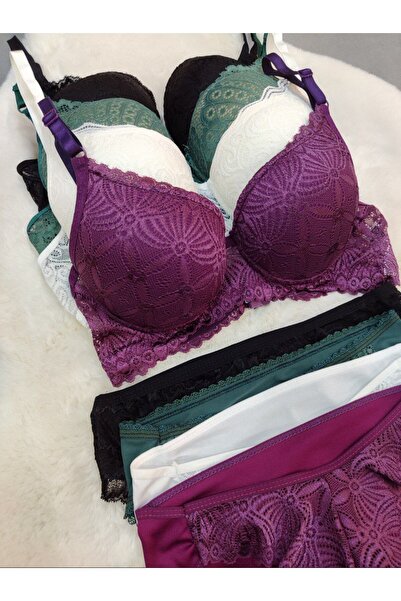 Love Angels Lace Detailed Padded Underwire Bra Panty Set Four-Piece Set - Lingerie Set