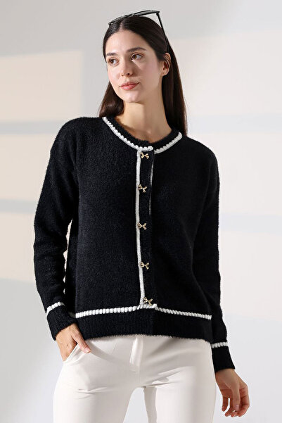 bacc Women's Black Stripe Detailed Soft Textured Knitwear Cardigan