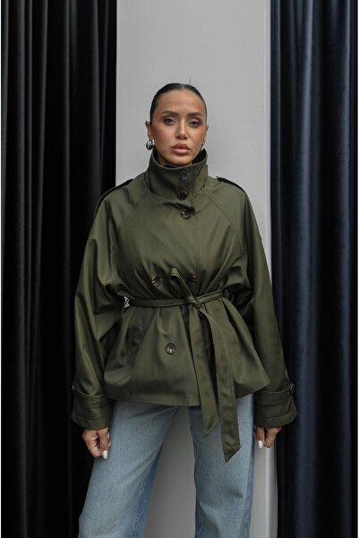 Havoş Haki Diora Dik Yaka Kuşaklı Trençkot