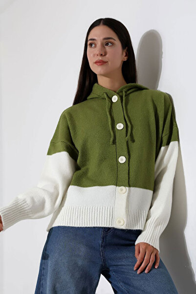bacc Women's olive green color block hooded button knit cardigan bces-252017