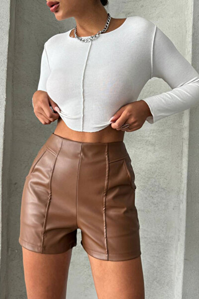 bacc Γυναικείο καφέ μίνι σορτς με ραφή από τεχνητό δέρμα BCHN-25W26312