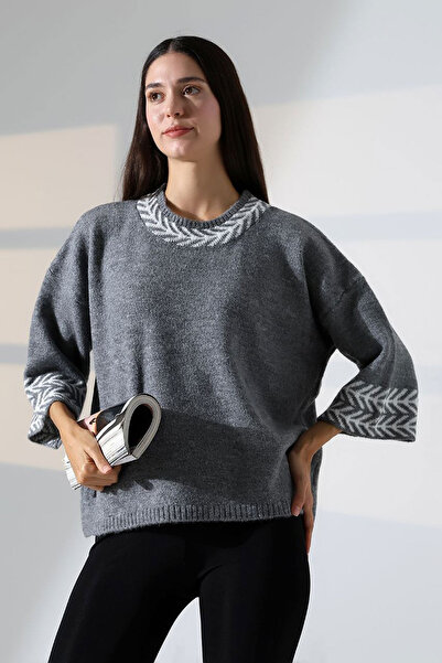 bacc Women's grey bicycle collar patterned knit sweater bces-252038