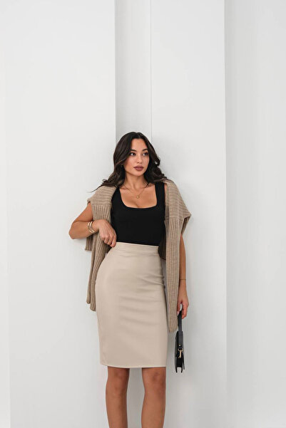 bacc Fustă creion midi bej pentru femei din piele ecologică BCHN-2526780