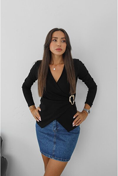 Havoş Чорна блузка з довгими рукавами та чорною застібкою