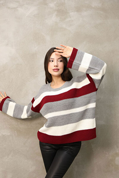 bacc Women's Gray Crew Neck Striped Patterned Knitwear Sweater