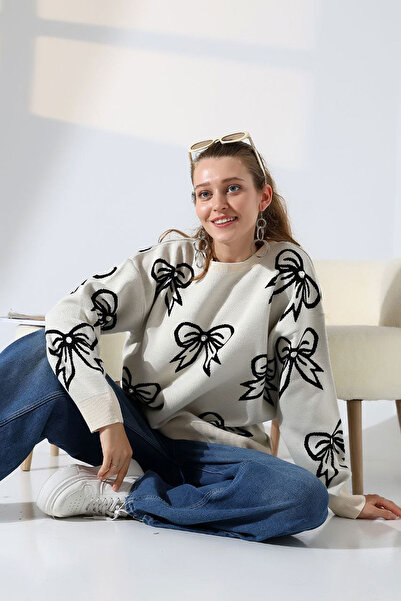 bacc سترة تريكو نسائية منقوشة بفيونكة بلون إكرو BCES-252045