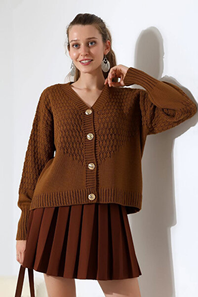 bacc Cardigan tricotat cu model și nasturi pentru femei, cu motiv de scorțișoară și cafea, BCES-252027