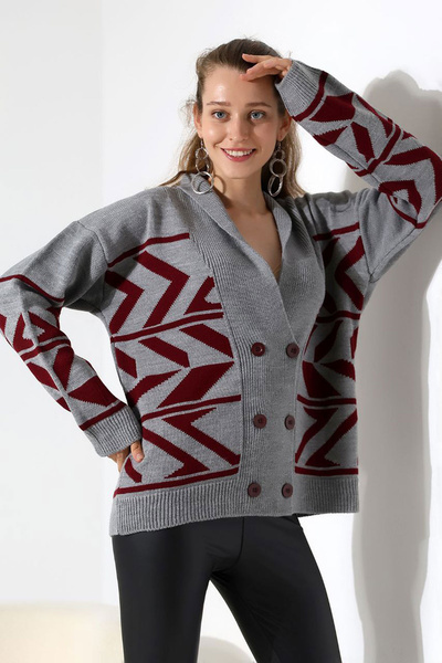 bacc Cardigan tricotat gri pentru femei cu model detaliat și nasturi dubli BC...