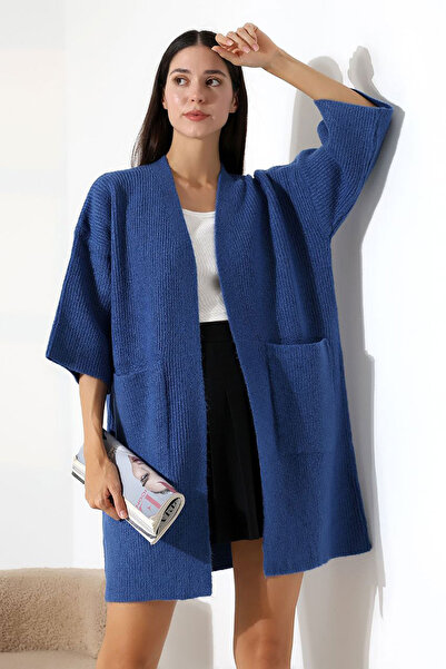 loia Cardigan tricotat lung, elegant, albastru, cu jumătate de mânecă, pentru...