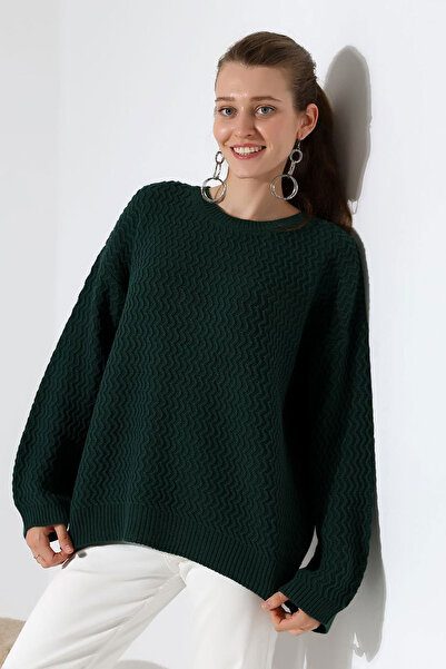 bacc Women's khaki crew neck waterway patterned knit sweater bces-252008