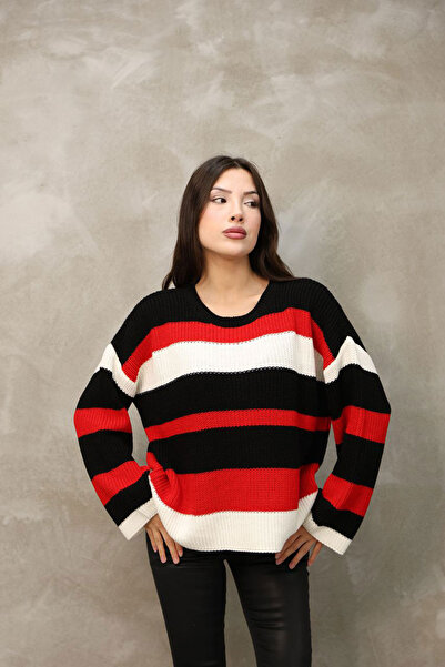 bacc Women's Black Crew Neck Striped Patterned Knitwear Sweater