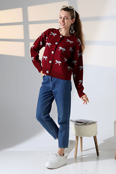 bacc Cardigan tricotat cu nasturi și model cu funde, de culoare vișinie, pentru femei, BCES-252044