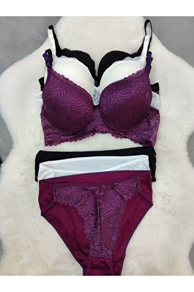 Love Angels Lace Detailed Padded Underwire Bra Panty Set 3-Piece - Lingerie Set