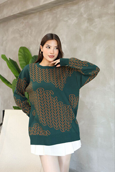 bacc Pulover tricotat cu model pentru femei, kaki, cu gât rotund, BCES-252046