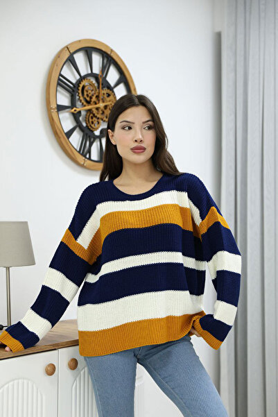 bacc Women's navy blue crew neck striped knit sweater bces-252006