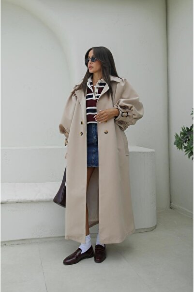 Havoş Stone color balloon sleeve belted trench coat