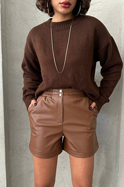 bacc Women's brown elastic waist faux leather shorts bchn-25261007