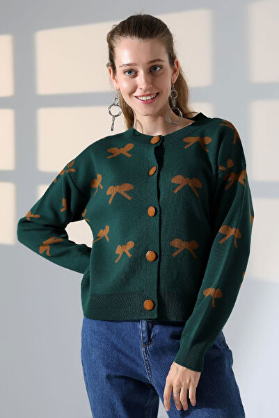 bacc Cardigan tricotat kaki cu model de funde și nasturi pentru femei BCES-25...