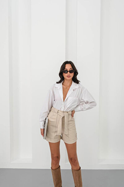 bacc Γυναικείο μπεζ σορτς με ζώνη και φαρδιές τσέπες BCHN-25260086