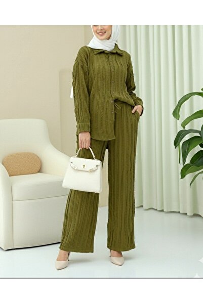 Modamorfo Textured Buttoned Vertical Stripe Pants Shirt Set - Fat Green