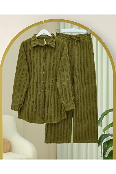 Modamorfo Textured Buttoned Vertical Stripe Pants Shirt Set - Fat Green