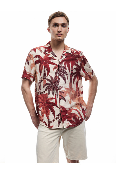 Koton Kısa Kollu Regular Fit Devrik Yaka Viskon Palmiye Desenli Hawaii Gömlek