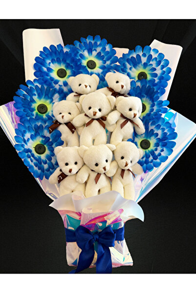 Linalux Gifts Sevgiliye Cicek - Mavi Çiçekli Ayıcık Buketi - Peluş Buket - Ay...