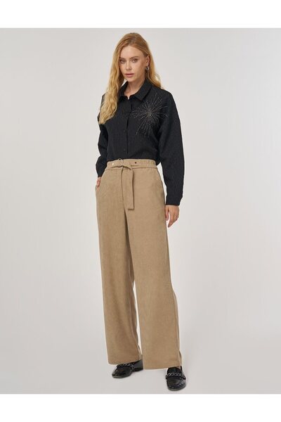 Kayra Velvet Trousers with Metal Accessories Mink