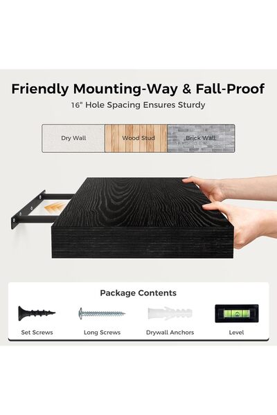 Yelajoy 1 Pcs Deep Floating Shelves,Large Extra Display Shelf,Black Wood Wide Wall Shelves,40x15x1.5cm
