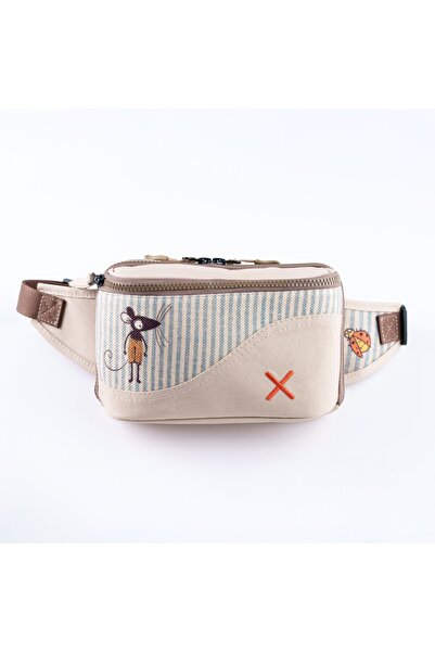 pisikopat Krem Rengi Fare Desenli Kanvas Unisex Göğüs ve Bel Çantası