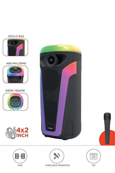 Başkenttekno D69 Siyah RGB Ledli Kablosuz Mikrofonlu Radyolu Taşınabilir Blue...