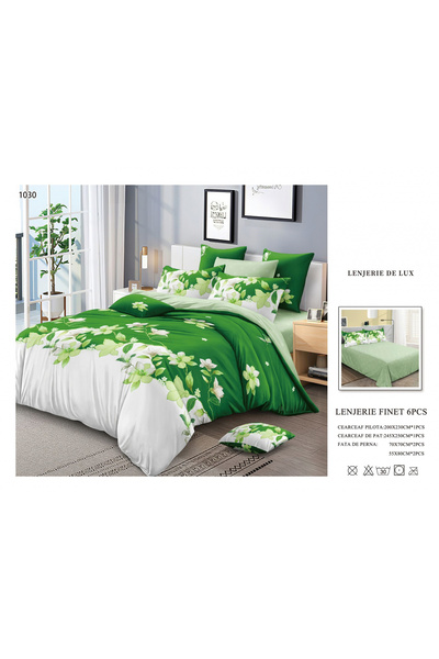 FIONNA.RO Lenjerii De Pat Din Finet 6 Piese - Alb/Verde