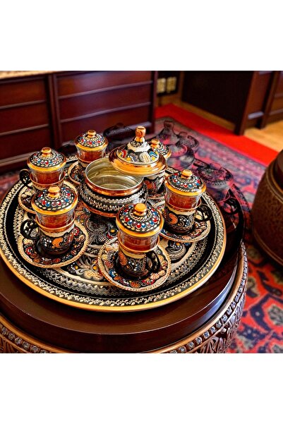 BARITCIOGLU Copper Tea Cup 6-Piece Tray Sugar Bowl Set
