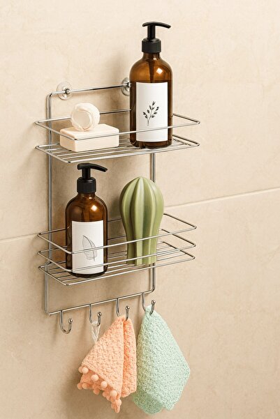 Sas Haus 2-Tier Chrome Hook Bathroom Shower Shelf, Shampoo Holder, with Washcloth/Bag Hanger, Rustproof Metal, Bathroom Organizer