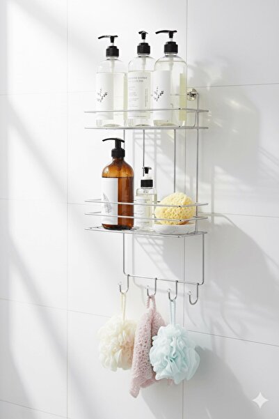 Sas Haus 2-Tier Chrome Hook Bathroom Shower Shelf, Shampoo Holder, with Washcloth/Bag Hanger, Rustproof Metal, Bathroom Organizer