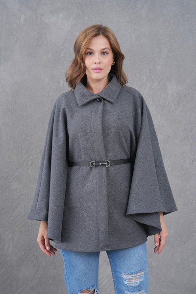 Giyim Gezegeni Women's Waist Belted Cashmere Gray Poncho New Season Stylish Oversize Trendy and Comfortable Modern Outerwear