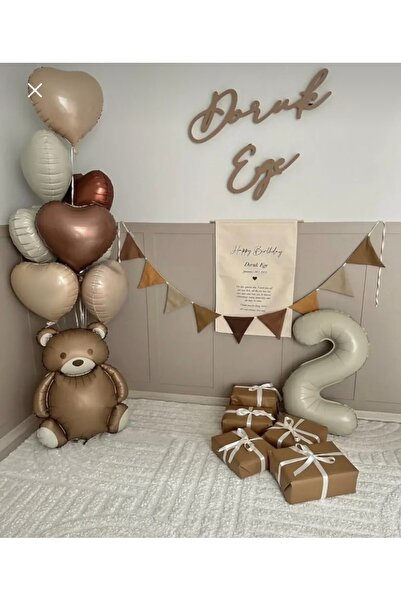 Mora süslemeleri 7 li Kalp Folyo Balon Retro Ayı Balon Flama Ve 2 Yaş Rakam F...
