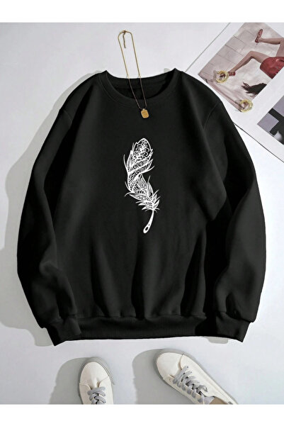 Trend Sizde Unisex Black Motif Feather Printed Crew Neck Sweatshirt