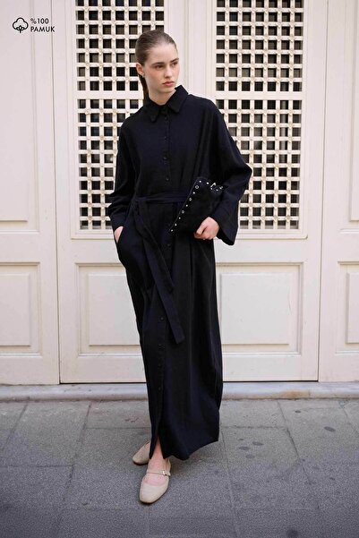 Hooopstore Linen Textured Black Shirt Dress