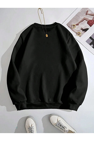 Trend Sizde Unisex Black Motif Feather Printed Crew Neck Sweatshirt