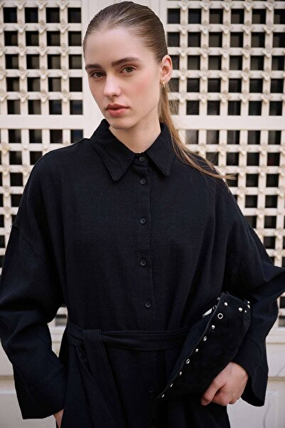 Hooopstore Linen Textured Black Shirt Dress