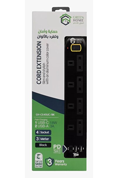 Green Home Power Extension Cord, 4 Sockets, 2USB & 1 Type C, 3M Cable Length, Black