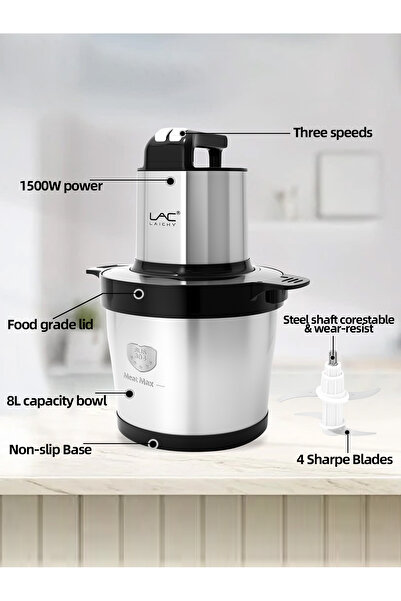 LAC LAICHY 8L Large Capacity Chopper,1500W,3 Speeds,4 Bi-Level Blades,For Meat,Onion,Vegetables,Fruits