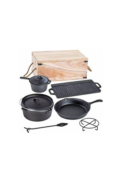Perfect Home Cast iron camping BBQ grill set in wooden box 6+1 pieces