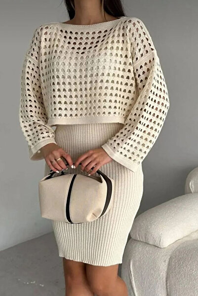 DPARİS Openwork Sweater Strap Knitwear Dress Set