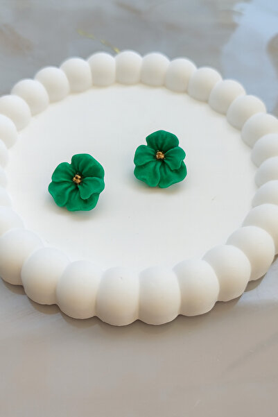 Atölye Myth El Yapımı Yeşil Minimal Tasarım Çiçek Küpe - Sade ve Şık