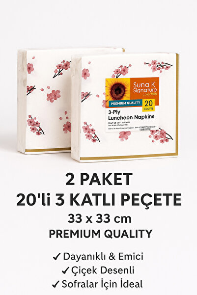 ermaslicon 2 Paket – 20’li 3 Katlı Peçete (33x33 cm) – Premium Quality – Çiçe...