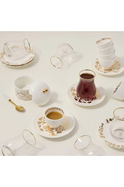 ORIAN طقم شاي وقهوة من البورسلين، 21 قطعة، ذهبي أبيض فخم