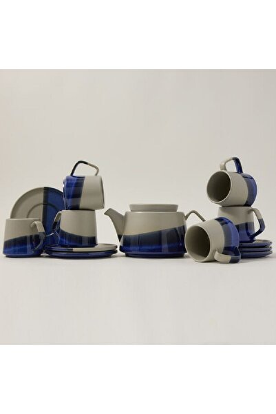 ORIAN طقم فناجين شاي انجليزي من البورسلين الرمادي والأزرق، 13 قطعة